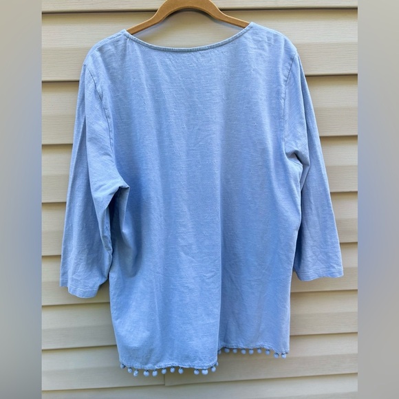 Coldwater Creek XL blue cotton popover Pom Pom hem blouse bohemian Lagenlook - Picture 4 of 7